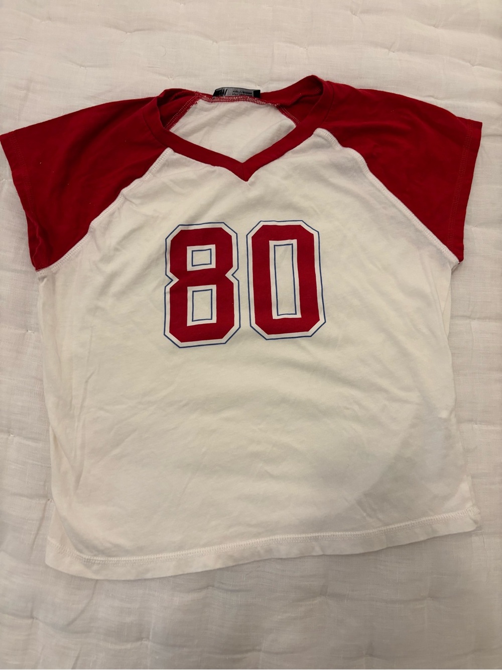 Zara White Tee with Red Raglan Sleeves and '80' Graphic